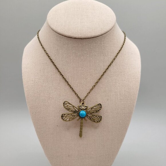 Jewelry - Dragonfly Pendant Necklace Blue Stone Rhinestone Eyes Bronze Chain 26 Inch